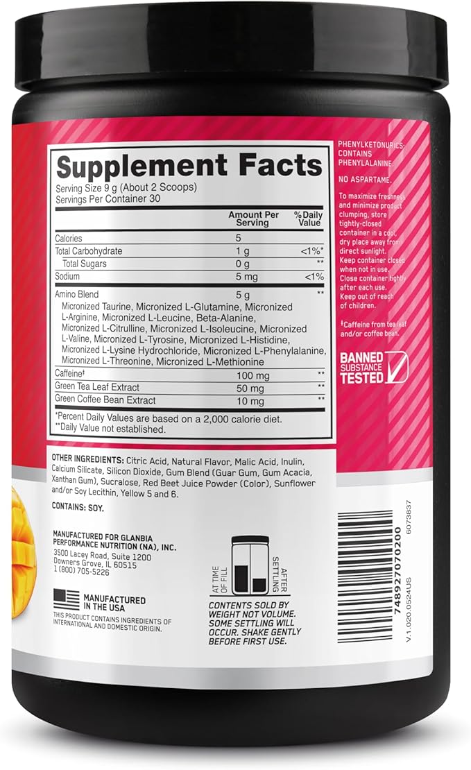 Optimum Nutrition New Flavor Amino Energy - Pre Workout with Green Tea BCAA Amino Acids Keto Friendly Green Coffee Extract Energy Powder - Peach Mango Tango 30 Servings (Packaging May Vary)