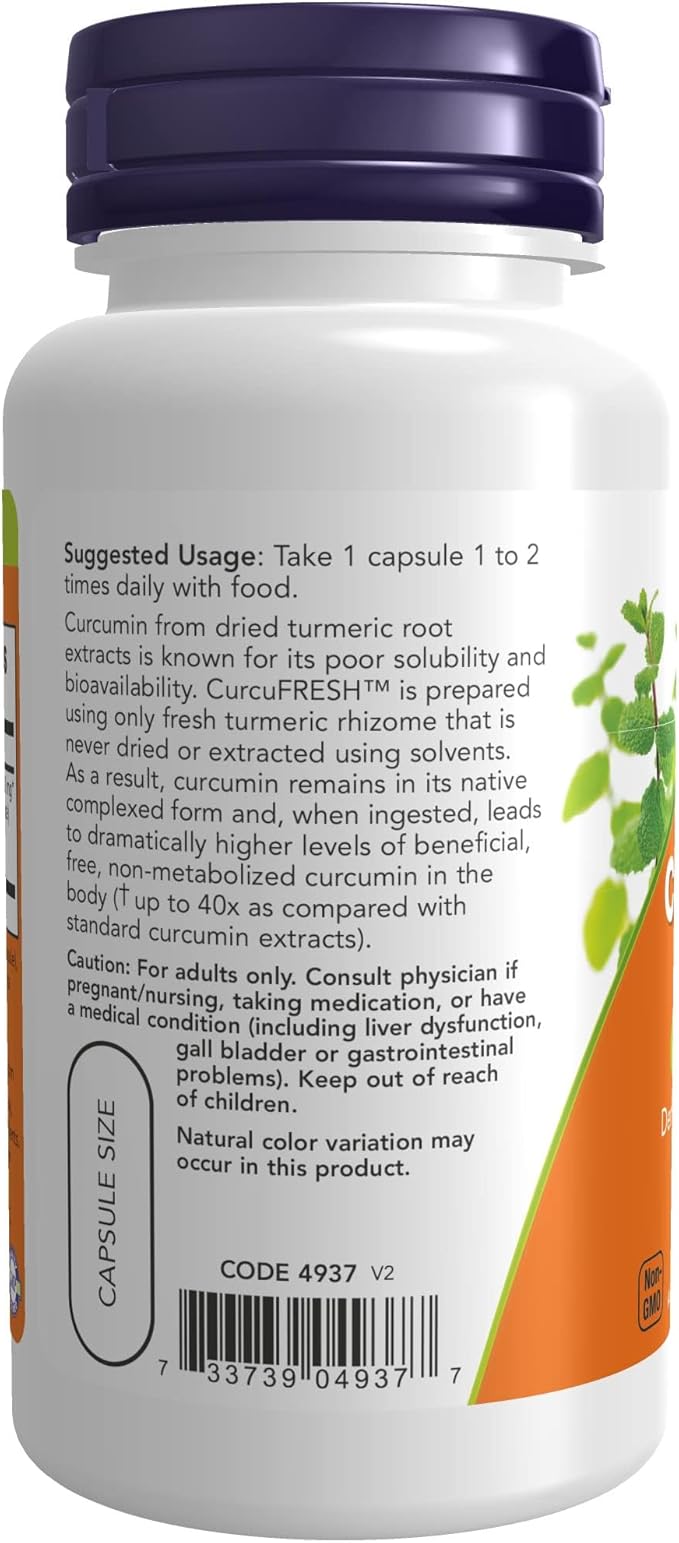 NOW Foods Supplements CurcuFRESH™ Curcumin Derived from Fresh Turmeric Juice Curcumin Juice Complex 60 Veg Capsules