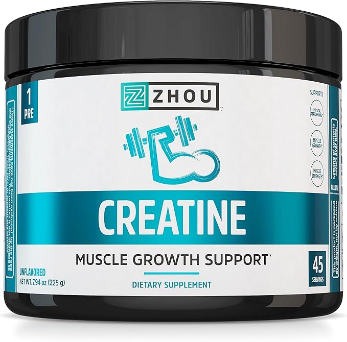 Zhou Creatine - Creatine Monohydrate Powder for Women and Men Pure Unflavored Vegan Muscle Strength Supplement for Your Active Lifestyle - 7.94 oz (45 Servings)