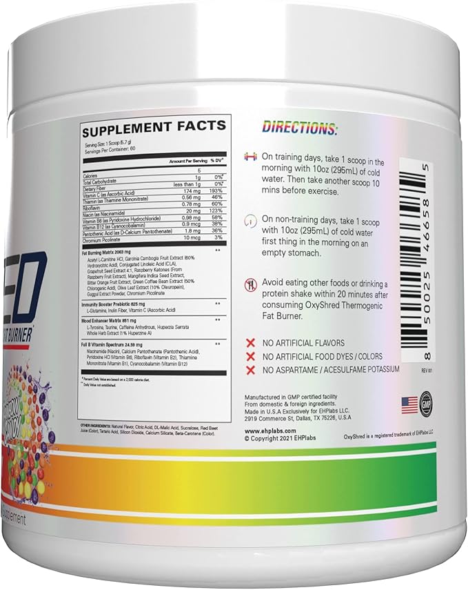 EHP Labs OxyShred Pre Workout Powder - Preworkout Powder with L Glutamine &amp Acetyl L Carnitine Energy Boost Drink - Rainbow Candy 60 Servings