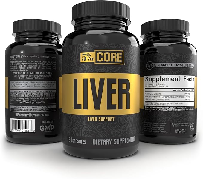 5% Core Liver Support | NAC (N-Acetyl L-Cysteine) 1000mg Milk Thistle 750mg L-Glutathione 300mg | Liver Cleanse Detox &amp Repair Supplement (30 Capsules)