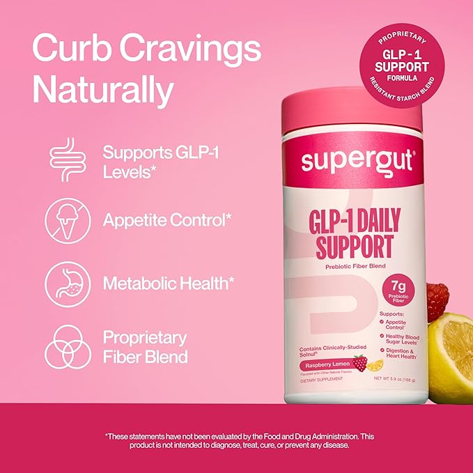 Supergut GLP1 Daily Support - Raspberry Lemon - High Fiber GLP-1 Supplement Powder for Women &amp Men - Sugar-Free Drink Mix for Gut Health &amp Digestive Support (18 Servings)