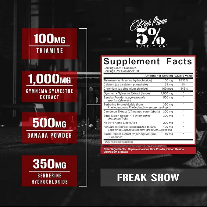 5% Nutrition Rich Piana Freak Show | Muscle Builder | Berberine Gymnema Sylvestre Banaba Powder | 180 Capsules (30 Days)