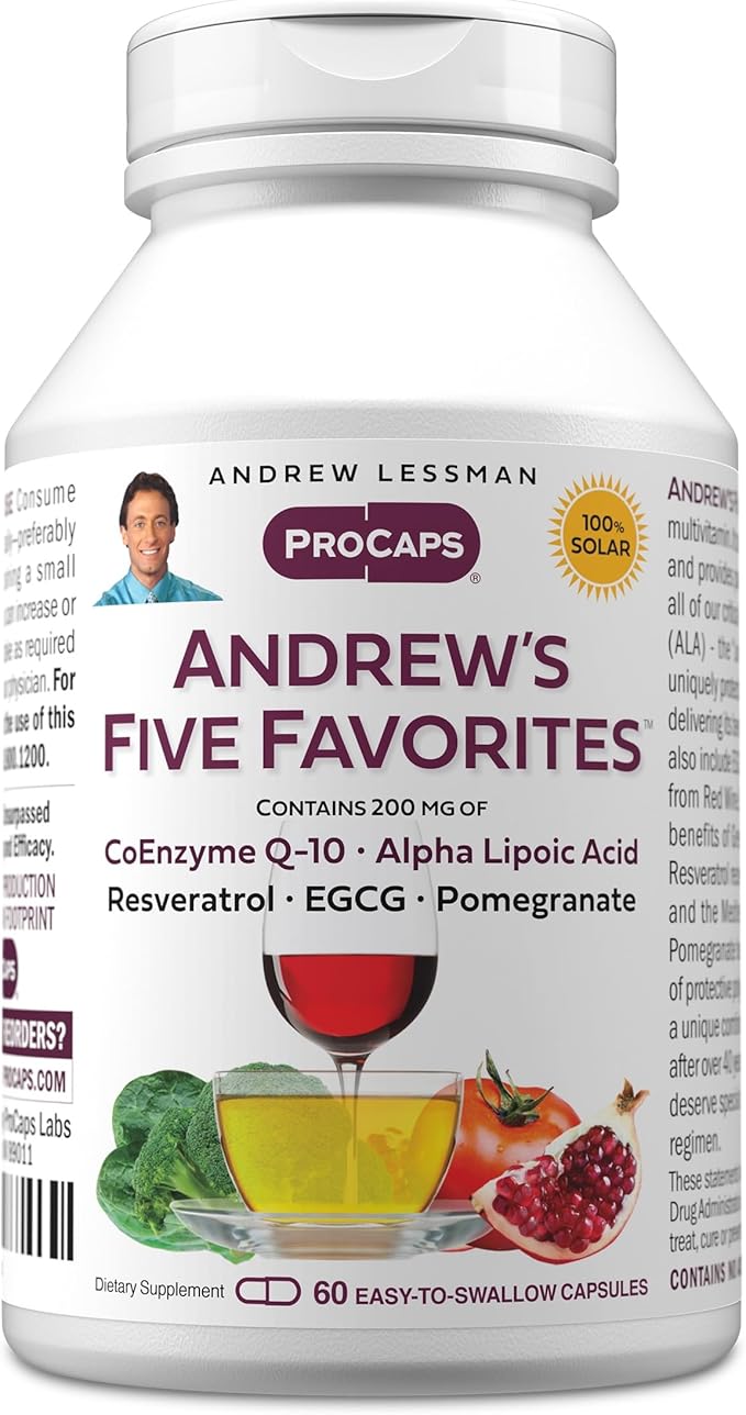 ANDREW LESSMAN Andrew's Five Favorites 60 Capsules - Provides 200mg Each of Coenzyme Q-10 Resveratrol EGCG Pomegranate and Alpha Lipoic Acid Powerful Anti-Oxidant Support No Additives