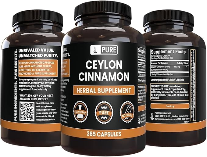 PURE ORIGINAL INGREDIENTS Ceylon Cinnamon (365 Capsules) No Magnesium Or Rice Fillers