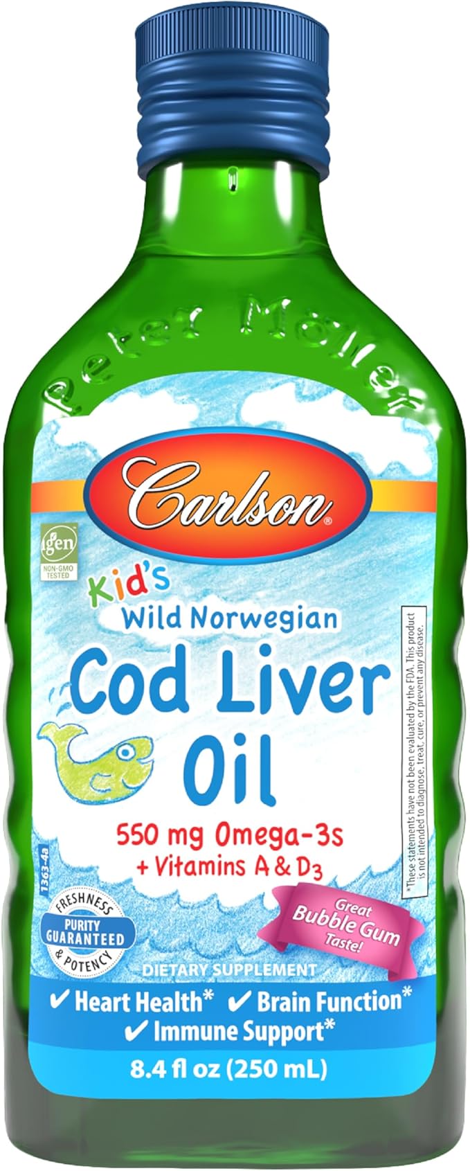 Carlson - Kid's Cod Liver Oil 550 mg Omega-3s Vitamins A &amp D3 Wild Norwegian Bubble Gum 250 mL