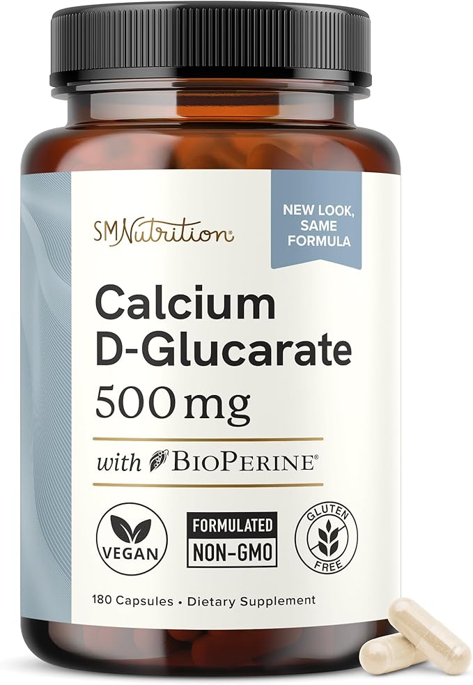 Calcium D-Glucarate | 500mg | CDG for Liver Detox and Cleanse Hormone Balance and Menopause Support | Calcium Supplement | Vegan Non-GMO &amp Third-Party Tested | 180 Capsules (6-Month Supply)