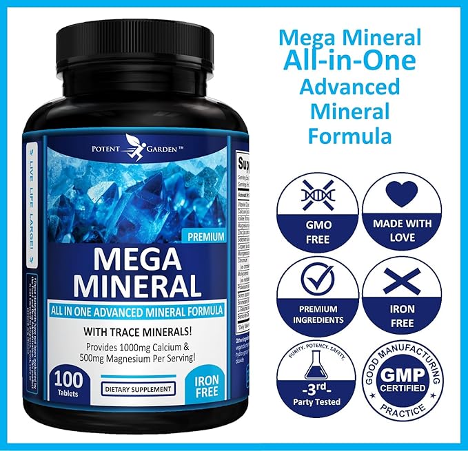 Potent Garden 2-Pack Mega Mineral Supplement Complete Mineral Complex with Calcium Magnesium Zinc Potassium Boron Selenium Chromium &amp 72 Trace Minerals Iron Free Calcium Supplement -200 Pills