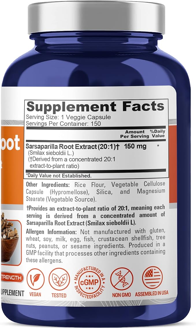 NusaPure Sarsaparilla Root Capsules 150 mg 150 Veg Capsules (Non-GMO Vegan)