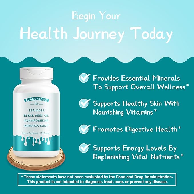 Sea Moss Capsules with Black Seed Oil Burdock Root Capsules Ashwagandha Supplements Bladderwrack Capsule Vitamin C Vitamin D3 Elderberry Manuka Dandelion - 120 Count