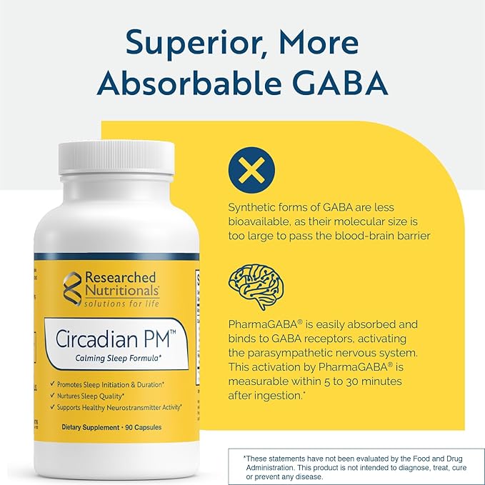 Researched Nutritionals Circadian PM - Promotes a Healthy Nervous System Histamine Response &amp Peaceful Nights with L Theanine 5 HTP Valerian Root &amp GABA Supplements (90 Capsules)