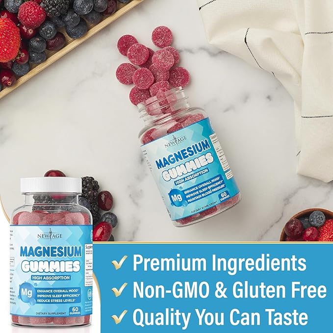 Magnesium Gummies - Calming Anti-Stress Gummies Magnesium Supplement for Adults and Kids Vegan Gelatin-Free Gluten-Free Non-GMO Delicious Natural Raspberry Flavor- 60 Count - by New Age