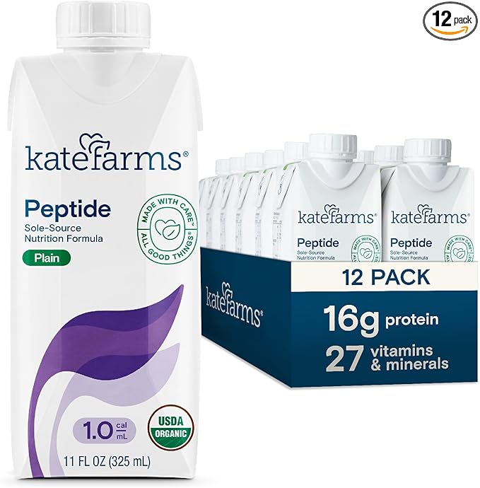 KATE FARMS Organic Adult Peptide 1.0 Formula Plain Sole-Source Hydrolyzed Plant-Based Nutrition for Oral or Tube Feeding 11 Fl oz (12 Pack)