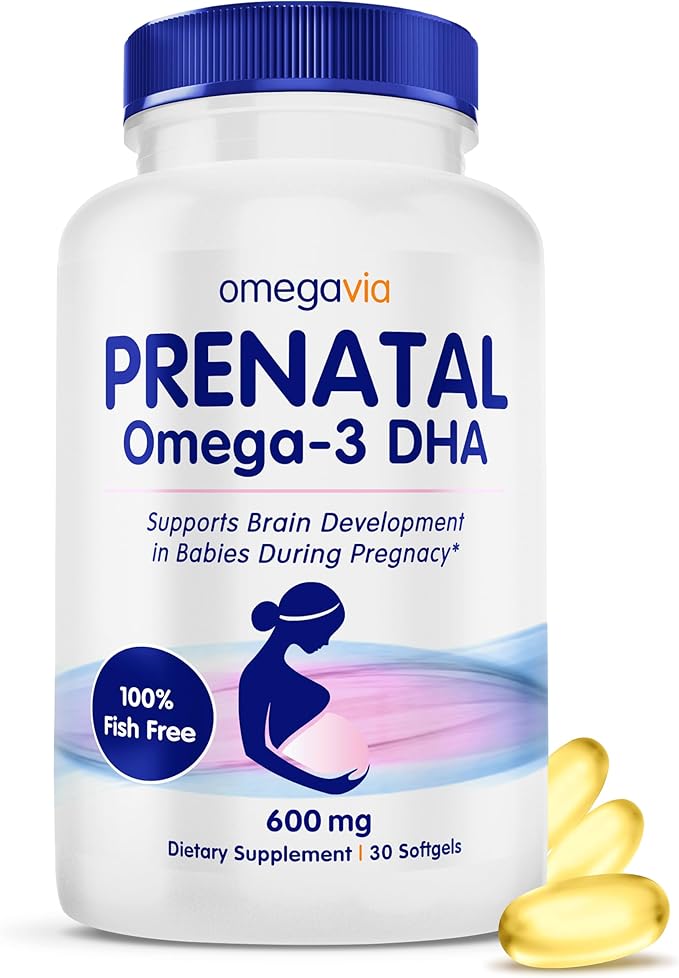 OmegaVia Prenatal DHA 600mg | Fish-Free Omega-3 Supplement | Supports Baby’s Brain Eye &amp Nervous System Development | Safe for Pregnancy &amp Lactation | 30 Easy-to-Swallow Softgels