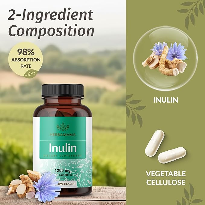 HERBAMAMA Inulin Powder Capsules 1200mg - Digestive Support &amp Gut Cleanse with Inulin Prebiotic Fiber - Vegan Non-GMO Chicory Root Powder Supplement (Pack of 2)