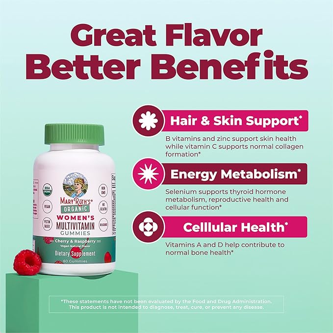 MARYRUTH'S Multivitamin Gummies for Women Ages 14+ | Immune Support | Hair &amp Skin Health | Reproductive Health | Vitamin A C D E B6 B12 Biotin Zinc Iodine | Organic | Vegan | Non-GMO | 60 Count