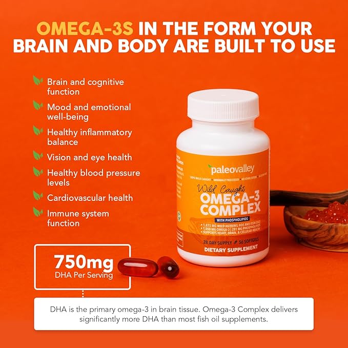Paleovalley Omega-3 Complex Wild Caught Fish Oil Softgels 1050mg Omega-3s 750mg DHA 187mg EPA Phospholipid Bound Omega-3 Supplement for Brain Heart and Joint Health 28 Servings