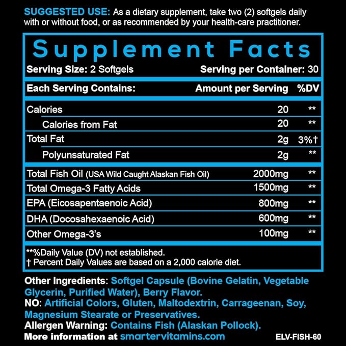 (2 Pack) Smarter Omega 3 Fish Oil Berry Flavor Burpless Tasteless 2000mg Potent Triple Strength DHA EPA Brain OMEGA3 Made with AlaskOmega®