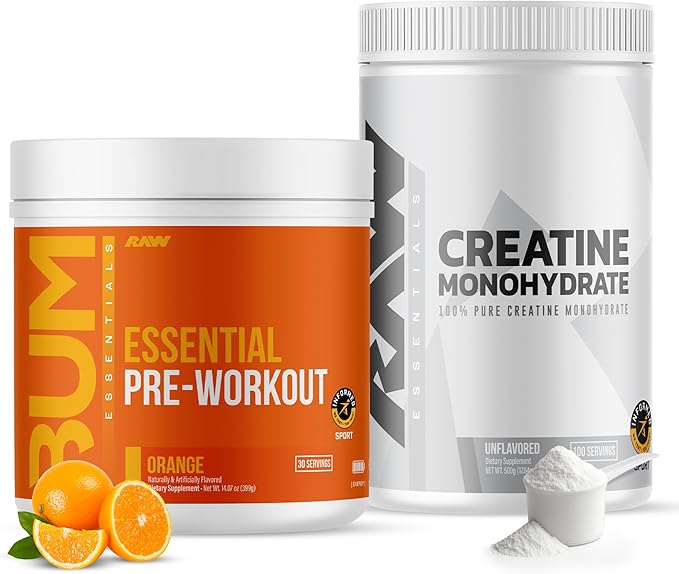 RAW Nutrition Creatine Monohydrate &amp Orange Pre-Workout Powder Bundle
