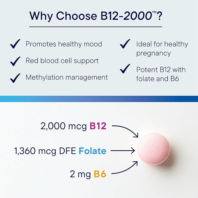 Biotics Research B12-2000™ Vitamin B12 2000 mcg B6 Folate–B12 Sublingual Lozenges Methylation Support Supplement High Potency Highly Absorbable Natural Berry Flavor Dissolves Easily–60 Count