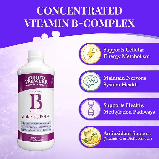 Buried Treasure B Complete - 16 Fl oz All 8 B Vitamins with Methylated B12 &amp Methylfolate Biotin B1 B2 B6 Antioxidant Support Liquid &amp Sugar-Free B complex vitamins for Women &amp Men