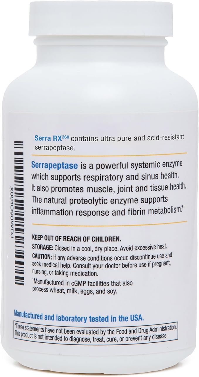 Serra-RX 260000 SU Serrapeptase - 120 Veg Capsules Acid-Resistant Proteolytic Systemic Enzyme Non-GMO Gluten Free Vegan Supports Sinus Immune &amp Lung Health
