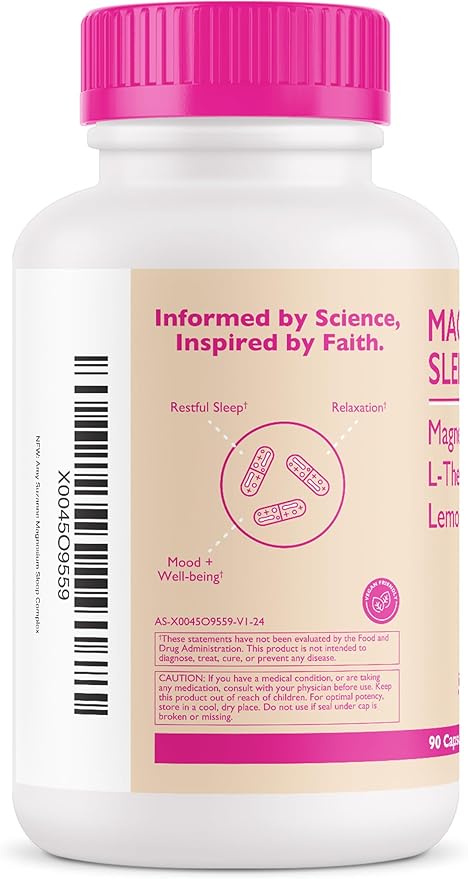 Amy Suzanne Magnesium Sleep Complex with L-Theanine and Lemon Balm - Melatonin-Free Sleep Support for Natural Calm and Relaxation - Magnesium Glycinate - 90 Capsules