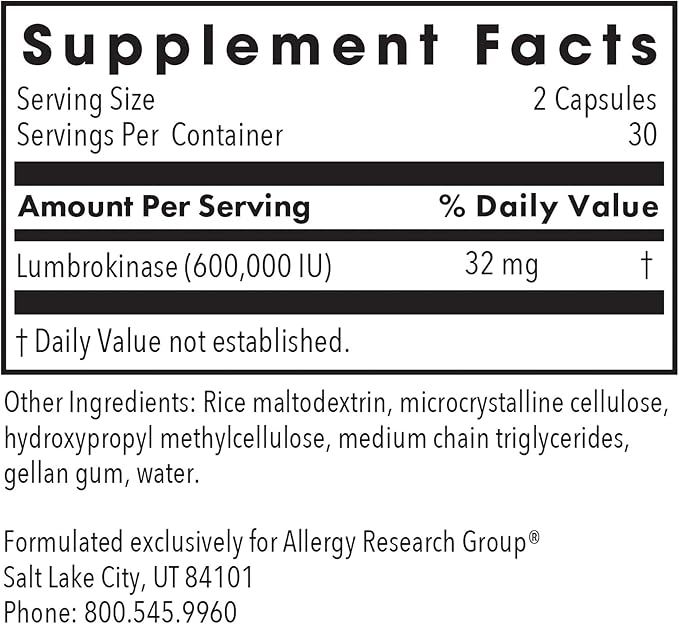 ARG Lumbrokinase Circulatory System Support - Delayed-Release Enzyme Supplement - Circulatory &amp Cardiovascular Health - Supports Healthy Blood Flow - Non-GMO &amp Gluten-Free - 30 Servings - 60 C