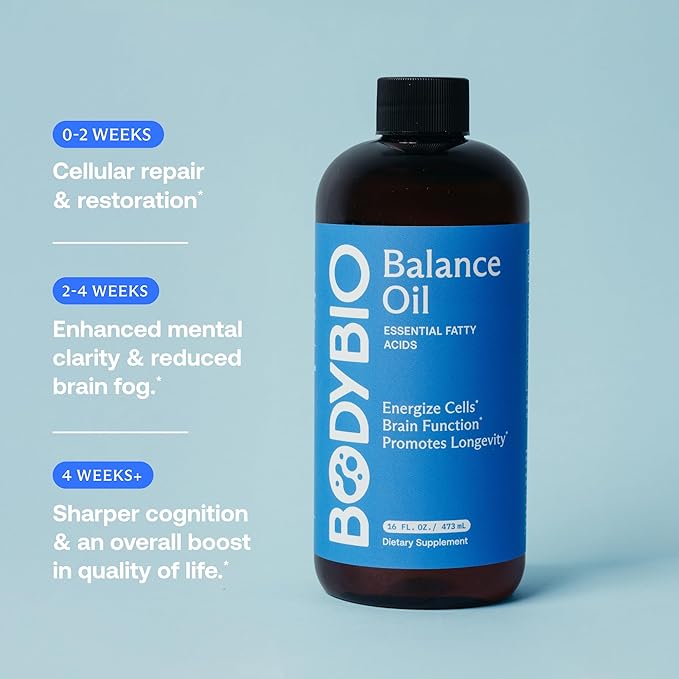 BodyBio Balance Oil - Vegan Omega 3 6 Supplement – Cold-Pressed Safflower &amp Flaxseed Oil – Supports Brain Function Healthy Skin and Mood