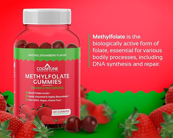 CogniTune Methylfolate Gummies for Kids and Adults - L-Methylfolate 1000mcg 5-MTHF Folate Supplement - MTHFR Support - Strawberry Chewable Vitamin B9 - Non-GMO Vegan - 60 Count