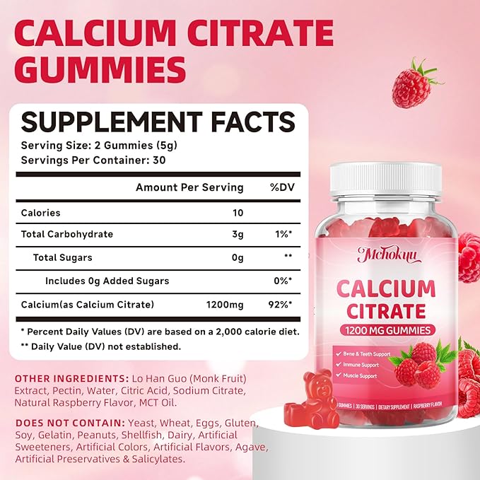 Calcium Citrate Gummies 1200mg Chewable Calcium Supplement for Women &amp Men Supports Bone Muscle &amp Immune Health Sugar-Free Non-GMO Gluten-Free Natural Raspberry Flavor 120 Count