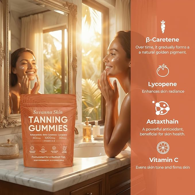 Savanna Skin Tanning Gummies with Astaxanthin Beta-Carotene Lycopene &amp Vitamins Radiant Healthy Skin Vitality Support &amp Hydration Vegan Sugar-Free Sour Watermelon Flavor 60 Count (1)