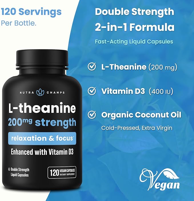 NutraChamps L-Theanine 200mg Capsules Double-Strength L-Theanine Liquid with Vitamin D3 Organic Coconut Oil 120 Vegan Capsules (Pack of 2)