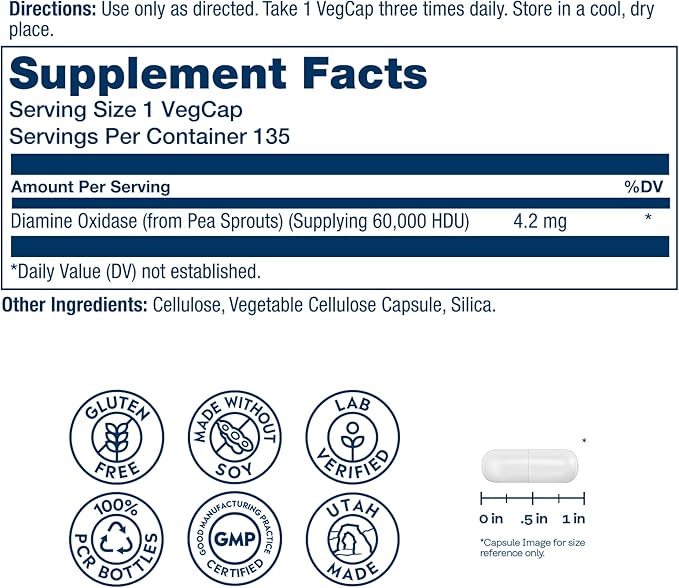 SOLARAY DAO Enzyme - Digestive Enzyme That Breaks Down Histamine - 60000 HDU - Digestive Enzymes - Vegan Gluten Free Lab Verified - 135 Servings 135 VegCaps