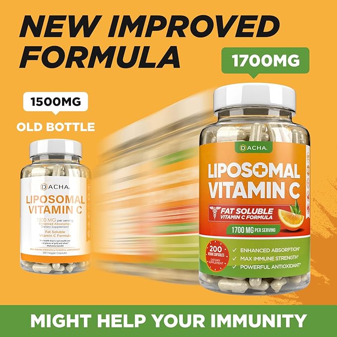 DACHA Natural Liposomal Vitamin C - 1700mg 200 Capsules Immune System &amp Collagen Booster High Absorption Fat Soluble VIT C Buffered Skin Vitamins Vegeterian Vegan