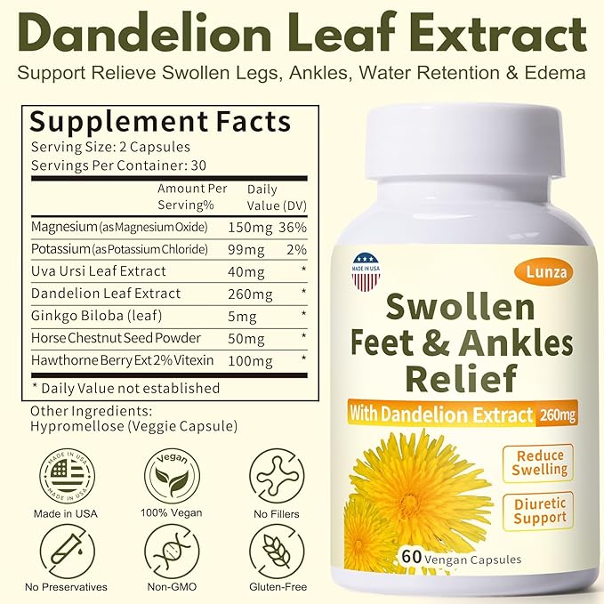 Lunza Swollen Feet and Ankles Relief with 260mg Dandelion Edema Relief for Legs Feet &amp Ankles Water Retention Fast-Acting Formula Natural Ingredients 60 Vegan Capsules