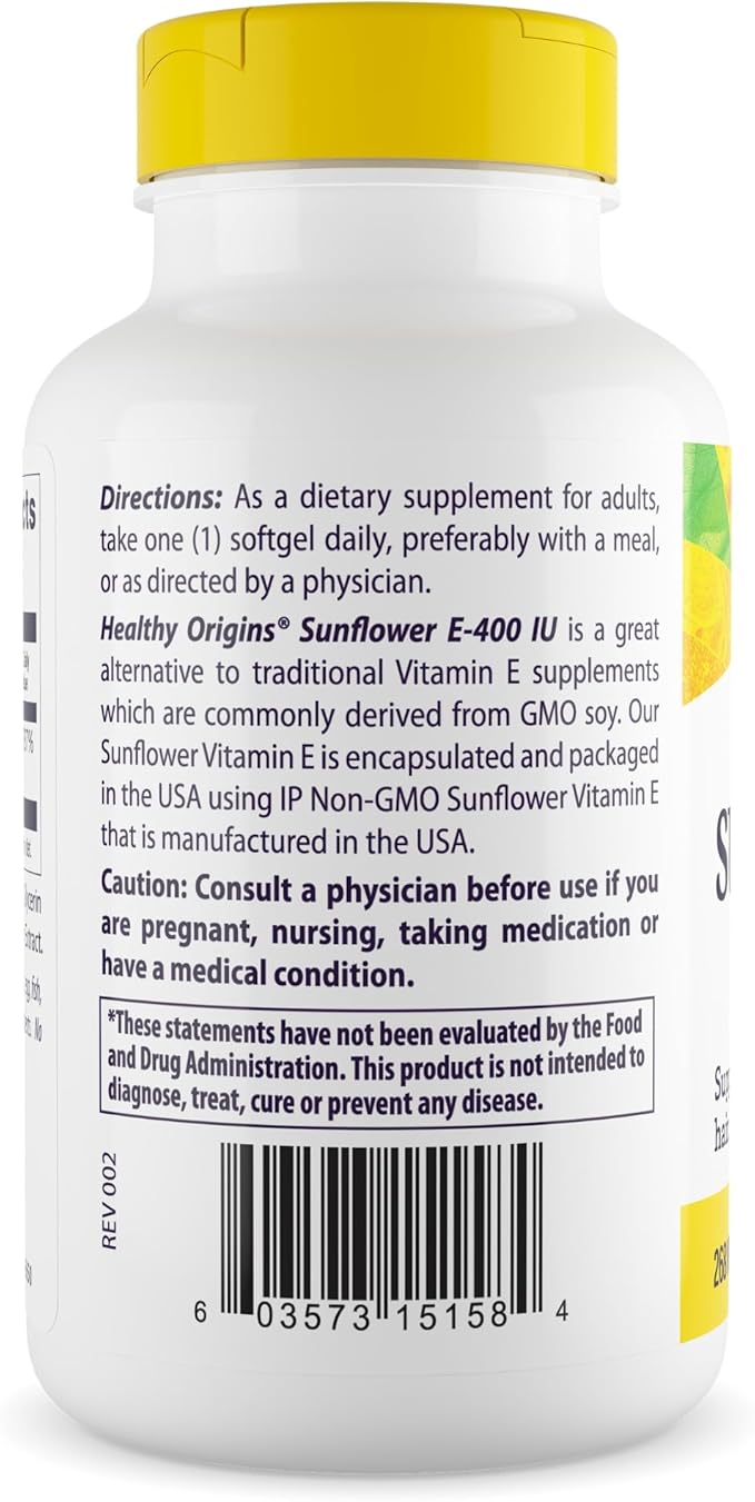 Healthy Origins Sunflower Vitamin E-400 IU (Non-GMO Gluten Free Soy Free Hair Support Nail Support Skin Support Cardiovascular Support) 120 Softgels