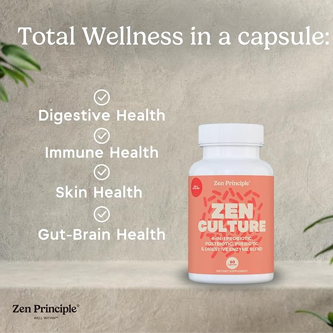 Zen Principle Zenculture™ – 4-in-1 Synbiotic Supplement (Probiotic + Prebiotic + Postbiotic + Digestive Enzymes) with CoreBiome®. Anti Bloating Immune &amp Brain-Gut Health. 60 Capsules