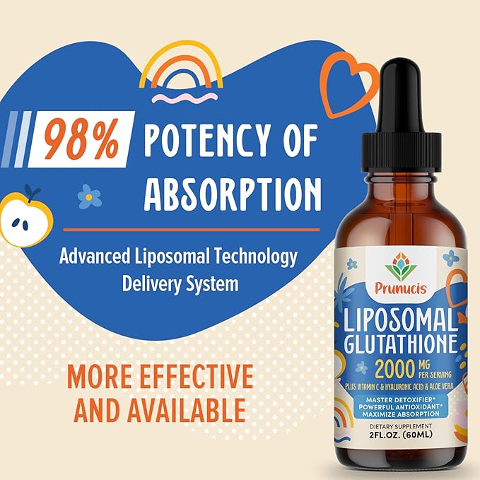 Prunucis 2000MG Liposomal Glutathione Liquid 98% Absorption Active Form L-Glutathione Supplement Vegan Friendly Powerful Antioxidant Complex for Immune System Aging Defense Detox 4 FL.OZ