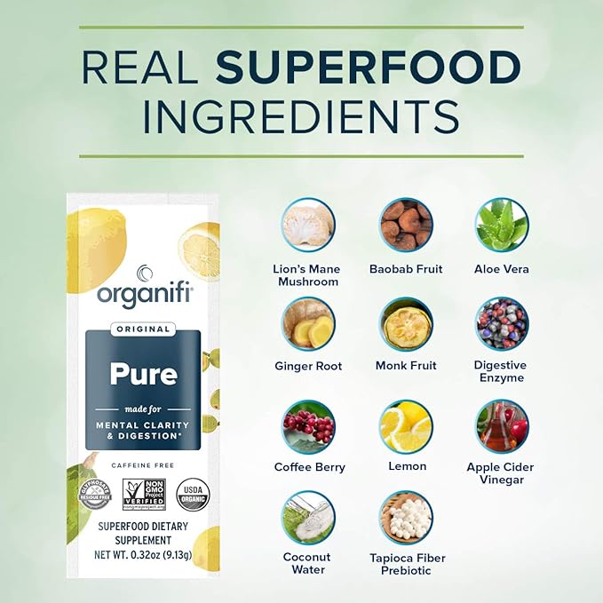 Organifi: Pure Smart Packs - Organic Brain and Immunity Support - Revitalizes Daily Mental Focus - Lemon Flavor 3 Pack