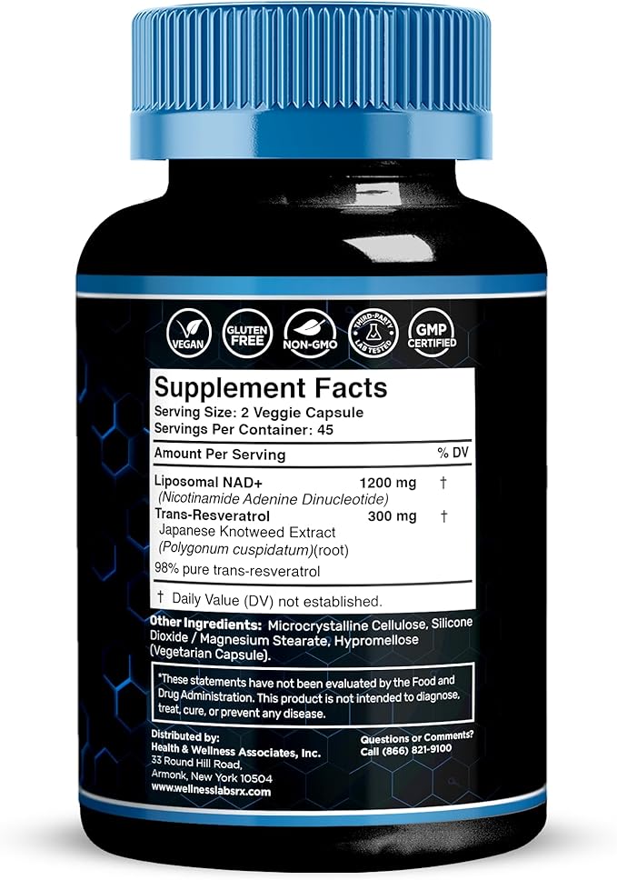 WELLNESS LABSRX Liposomal NAD Supplement 1500mg - USA Made NAD Resveratrol Supplement for Women and Men NAD+ Support Cellular Health Energy &amp Anti Aging - 3 Pack