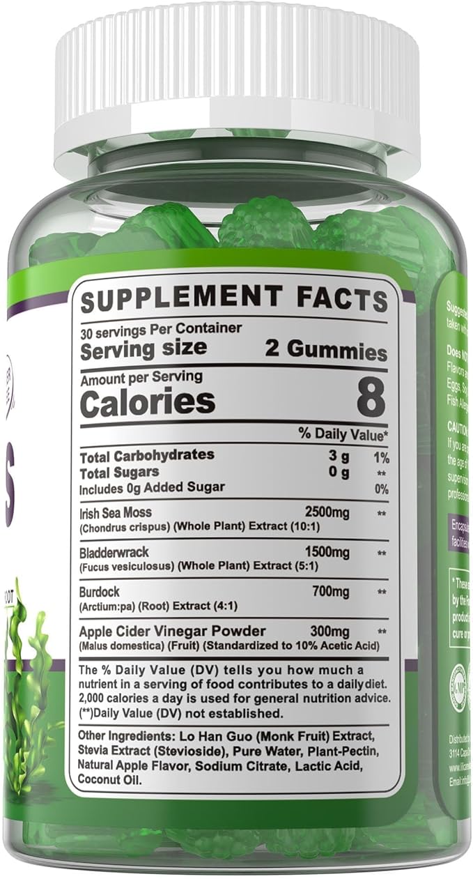 Sea Moss Gummies - Irish Sea Moss Gummies for Adults &amp Kids - Advanced Superfood Seamoss Supplement + Bladderwrack &amp Burdock Root ExtractACV for Daily Immune Gut Cleanse Vegan Sugar Free
