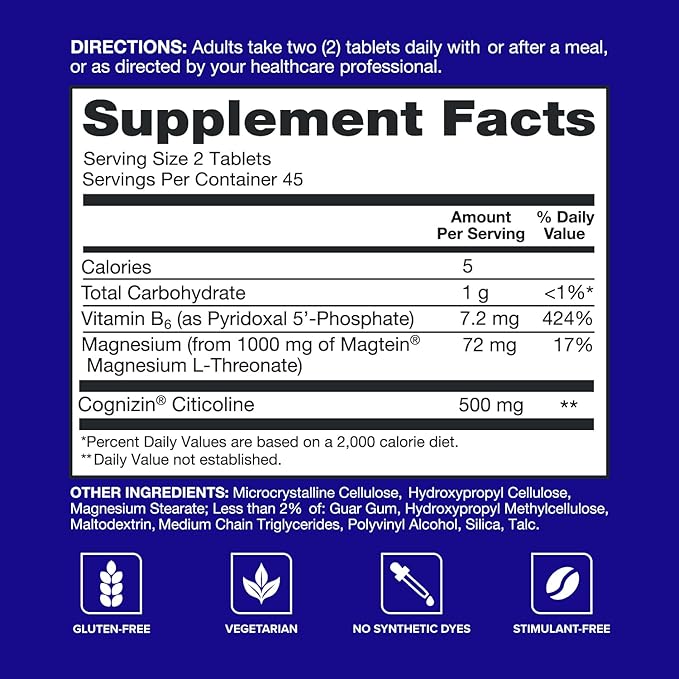 Qunol Brain Health Memory Plus with B6 Magnesium L-Threonate &amp Citicoline Clinically Tested Ingredients to Improve Memory Focus Attention and Productivity 90 Count