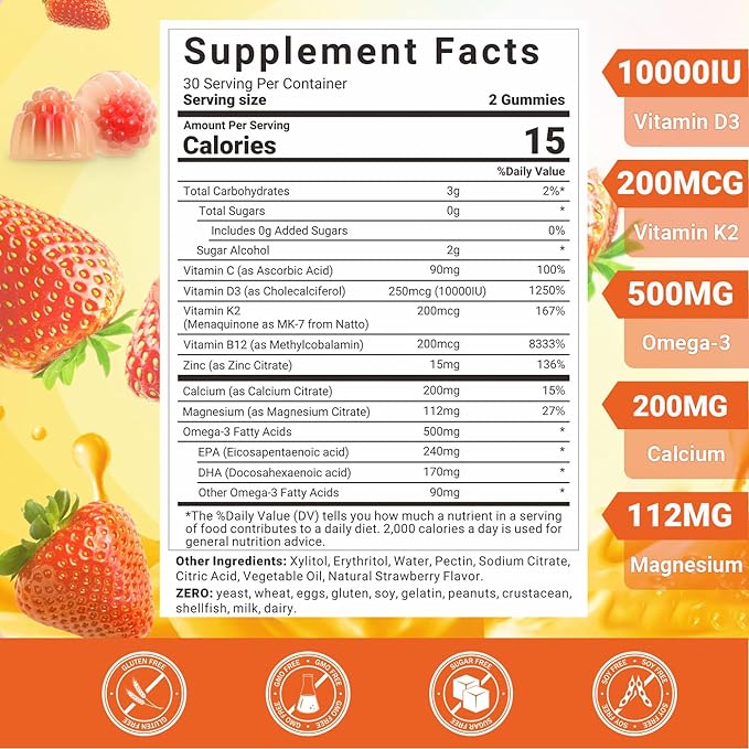 Vitamin D3 K2 Gummies Vitamin D3 10000 IU &amp K2 (MK-7) 200 mcg - D3 K2 Supplement with Omega 3 Calcium Magnesium for Bone Muscle Teeth Immune