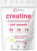 Micro Ingredients Creatine for Women | 5000mg Micronized Creatine Monohydrate Powder + Multi Collagen Electrolytes Biotin Vitamin C &amp Hyaluronic Acid | Lemon Raspberry | Sugar-Free Non-GMO