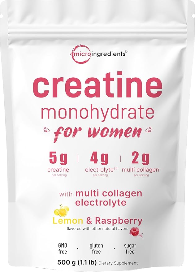 Micro Ingredients Creatine for Women | 5000mg Micronized Creatine Monohydrate Powder + Multi Collagen Electrolytes Biotin Vitamin C &amp Hyaluronic Acid | Lemon Raspberry | Sugar-Free Non-GMO