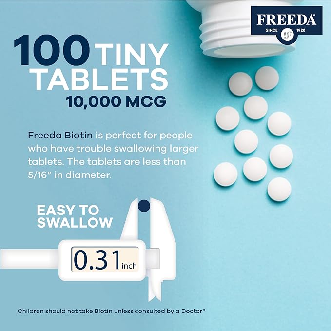 FREEDA Biotin 10000 mcg – Hair Skin &amp Nails Supplement – High-Potency B7 for Hair Growth &amp Strong Nails – Vegan Kosher Tablets with D-Biotin – 100 Tiny Tablet