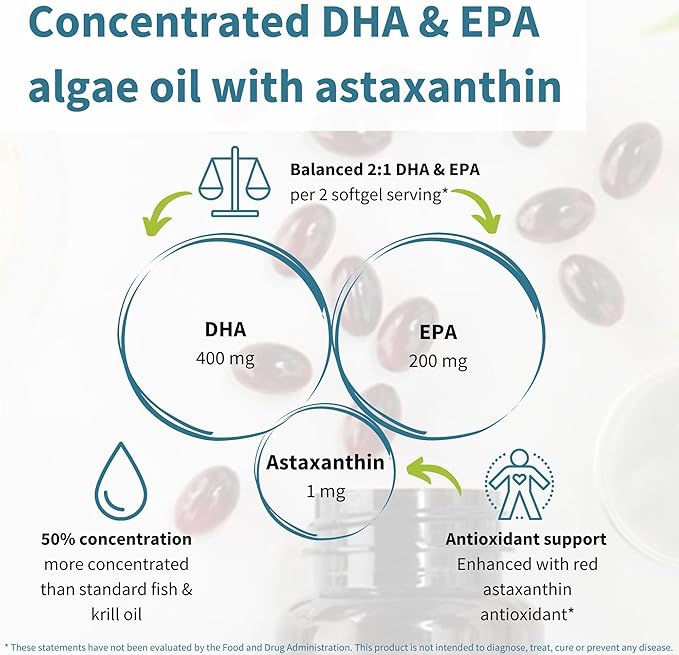 Igennus Vegan Omega-3 Natural Algae Oil DHA &amp EPA Certified Pure Plant Based Fatty Acid Supplement with Astaxanthin Antioxidant 60 Small Softgels 2 per Day 30 Servings