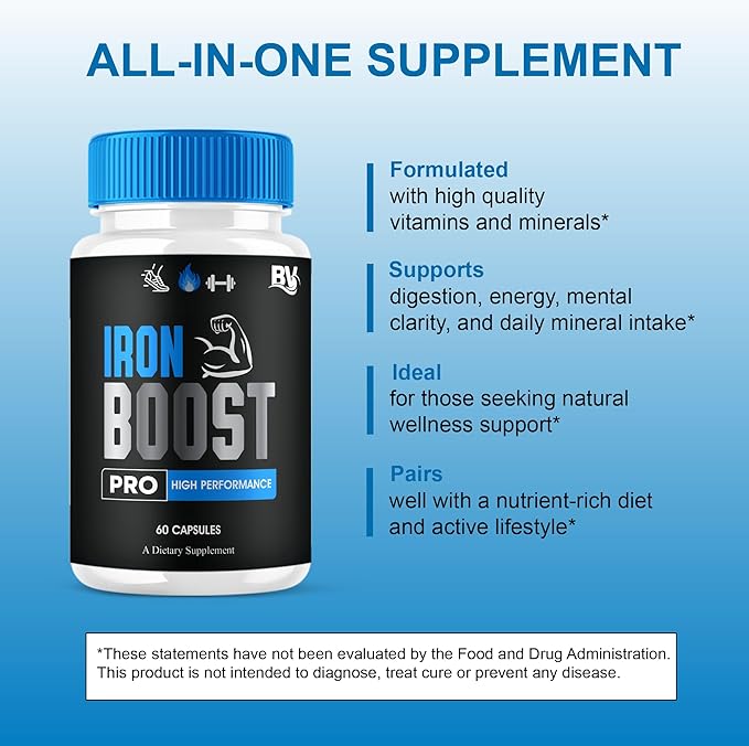Iron Boost Pro Premium Performance Capsules Iron Boost Advanced Health Supplement Pills Iron Boost Premium Daily Health Support and Overall Wellness Formula by Blue Vibe (3 Pack - 180 Capsules)