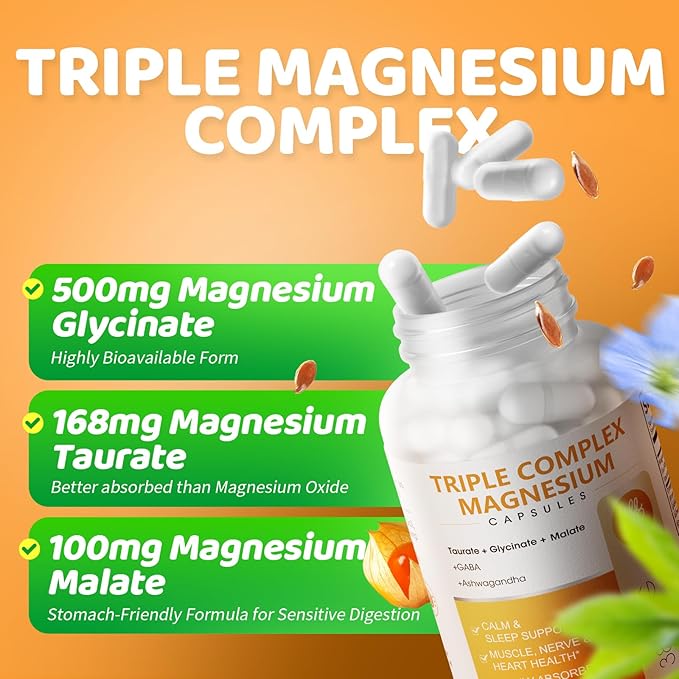 Triple Magnesium Complex - Magnesium Glycinate Taurate &amp Malate Supplement with Omega3 Ashwagandha GABA for Sleep Brain Heart &amp Muscle Support - High Absorption and Gentle Vegan 120 Caps